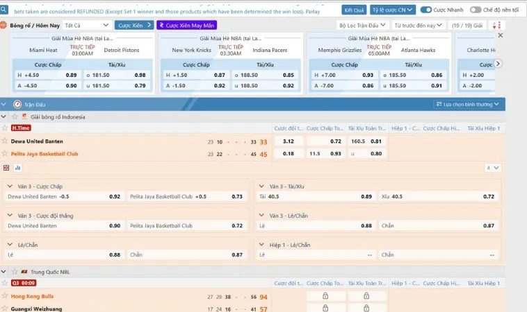 Giao diện cá cược kèo bóng rổ 100Win