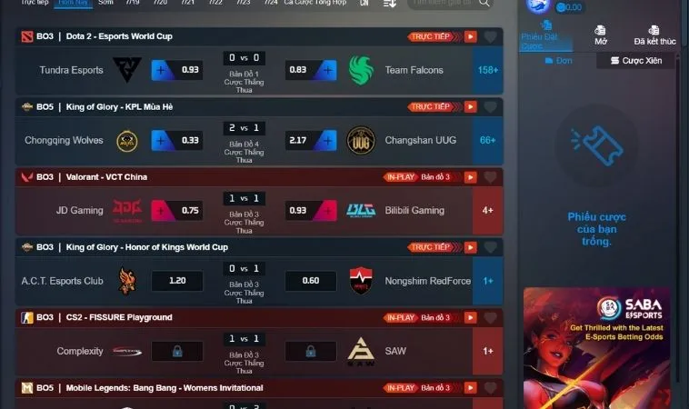 Bảng kèo cá cược Thể Thao Điện Tử 100Win