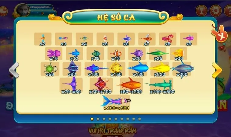 Hệ số cá trong game Bắn Cá Đại Dương 100Win