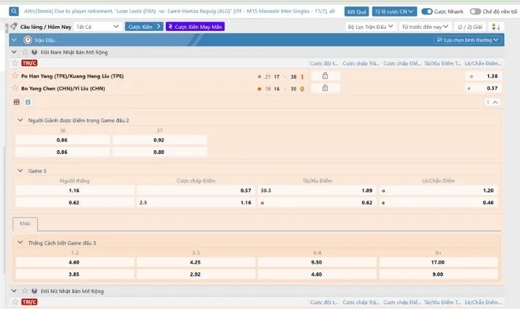 Các tỷ lệ kèo cá cược Cầu Lông 100Win hấp dẫn