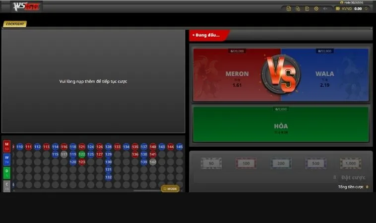 Giao diện cá cược Đá Gà WS168 Tại 100Win
