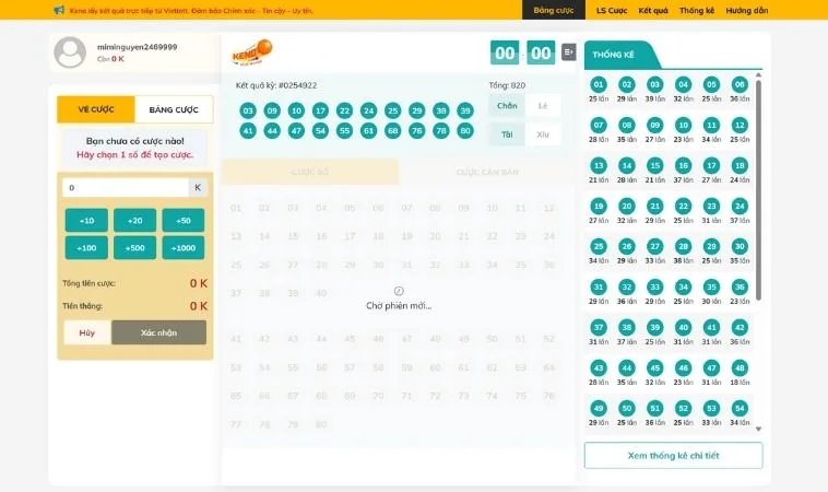 Giao diện chơi game nhanh Keno 100Win