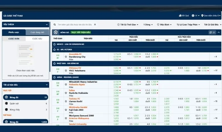 Giao diện cá cược kèo thể thao 100Win