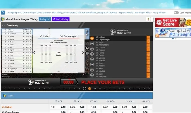 Giao diện cá cược Thể Thao Ảo 100Win